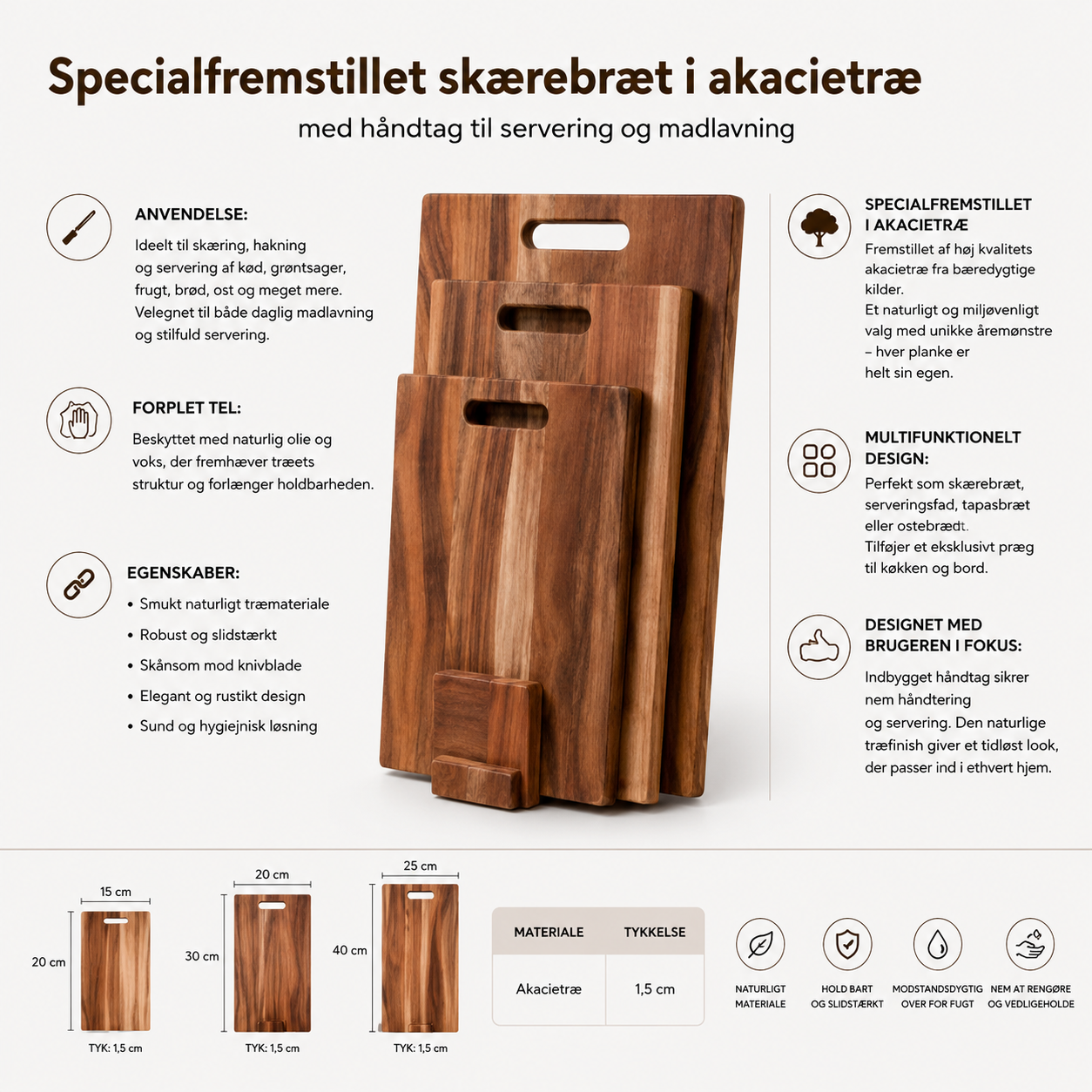 Specialfremstillet skærebræt i akacietræ – sæt med 3 stk. + holder