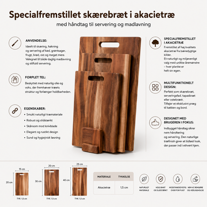 Specialfremstillet skærebræt i akacietræ – sæt med 3 stk. + holder